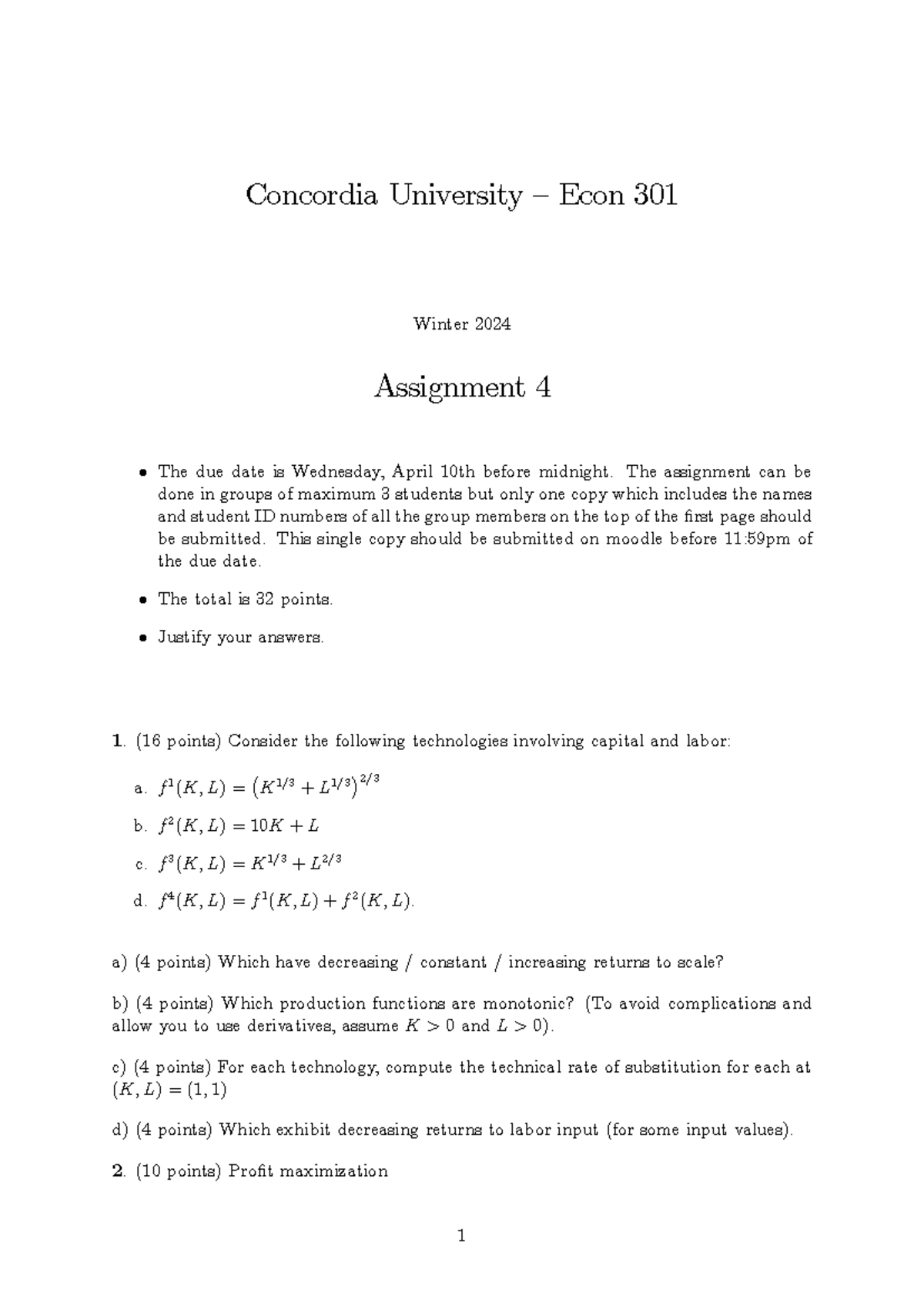 Assignment 4 questions - Concordia University ñEcon 301 Winter 2024 ...