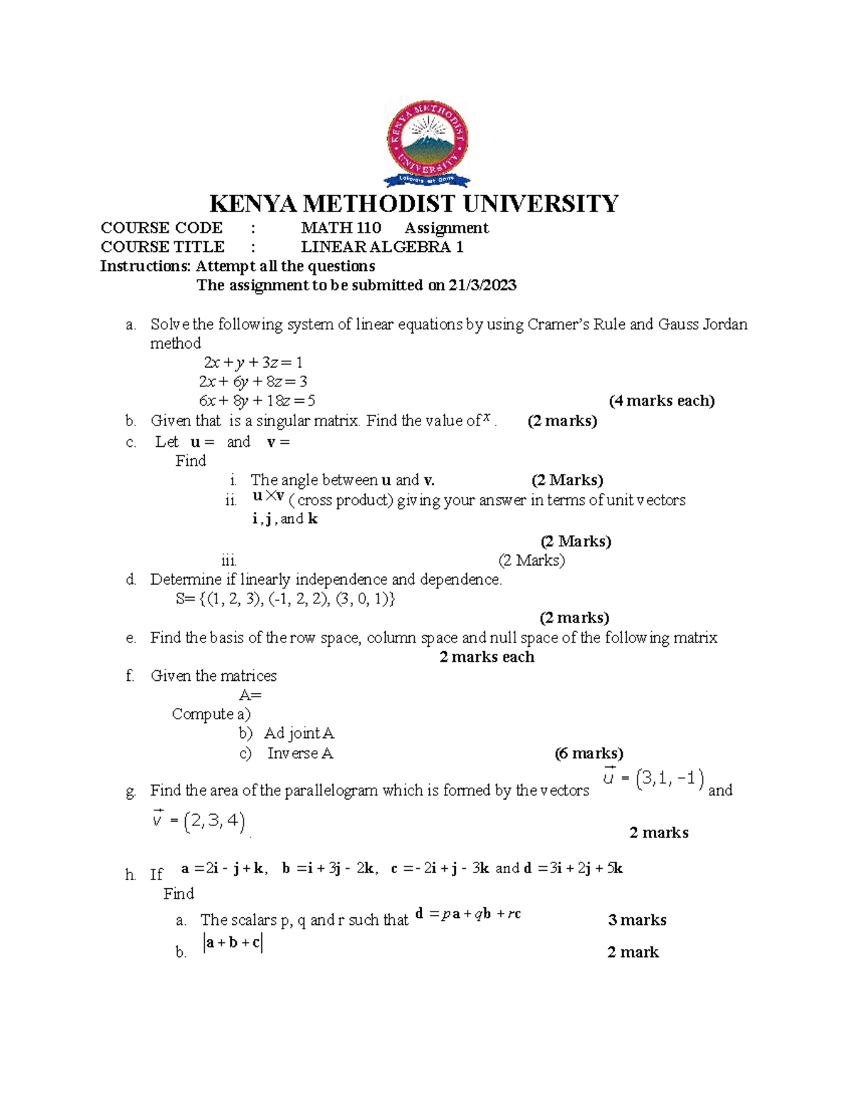 MATH 110 Assignment - KENYA METHODIST UNIVERSITY COURSE CODE : MATH 110 ...