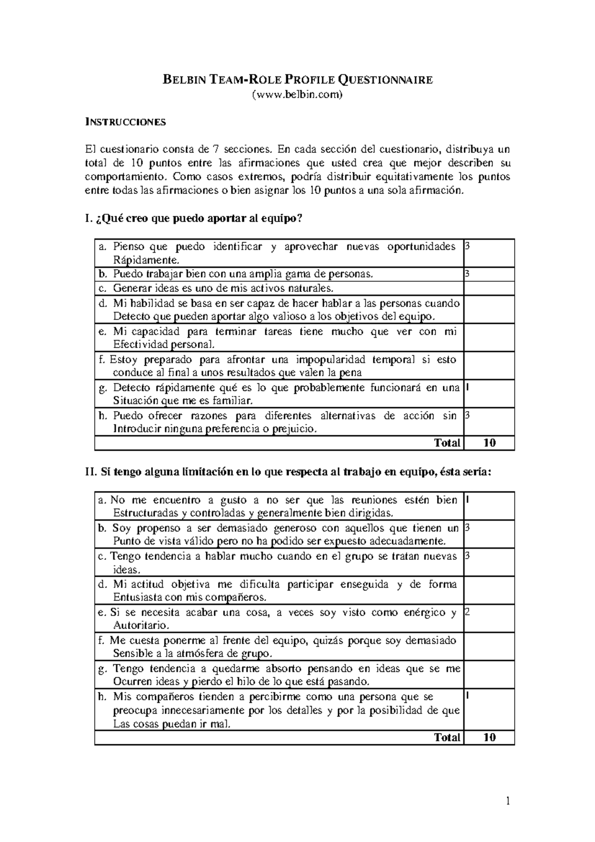 5°+ Producto+02+TEST+ Belbin - BELBIN TEAM-ROLE PROFILE QUESTIONNAIRE ...