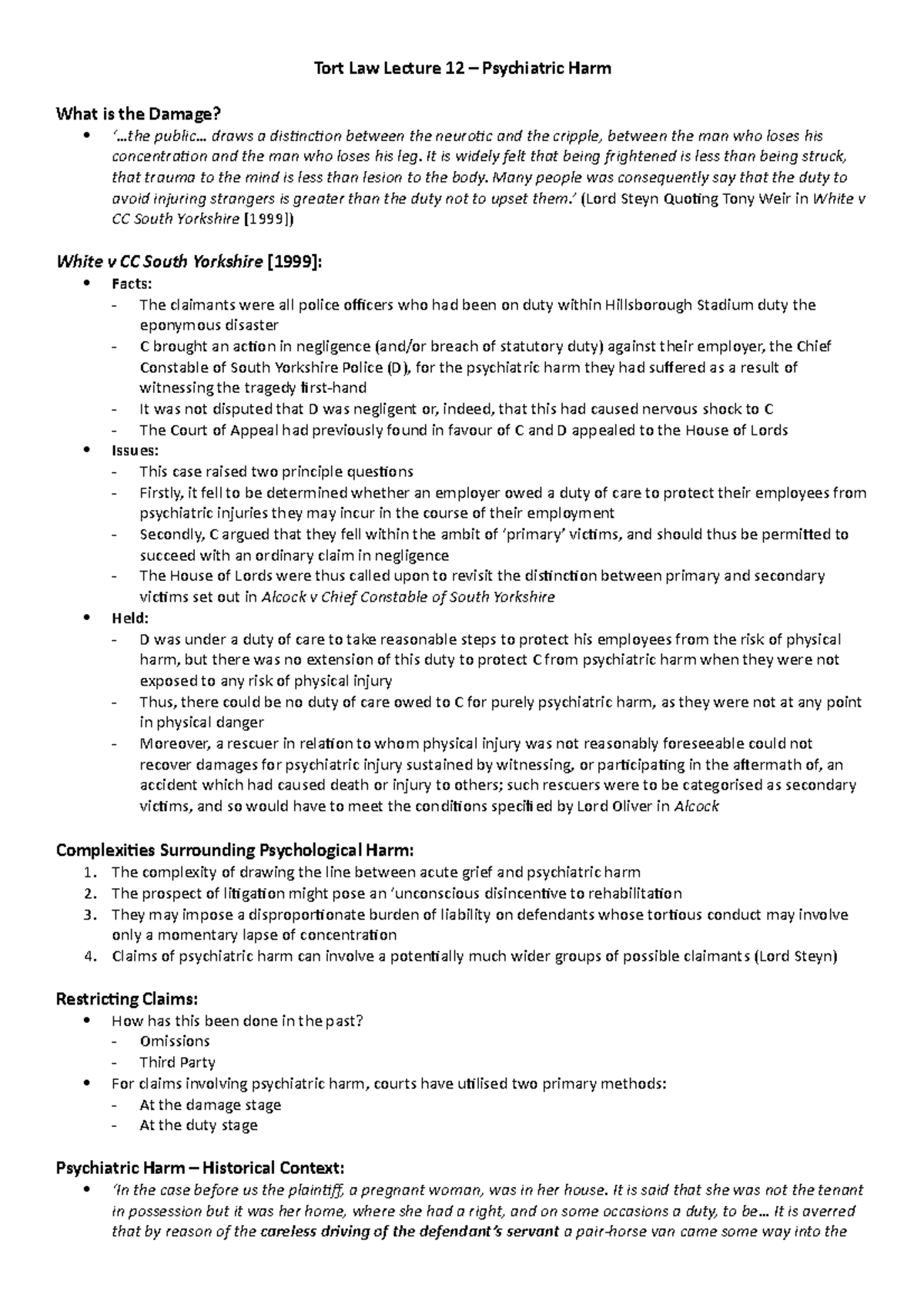 Lecture 12 Psychatric Harm Tort Law Lecture 12 Psychiatric Harm