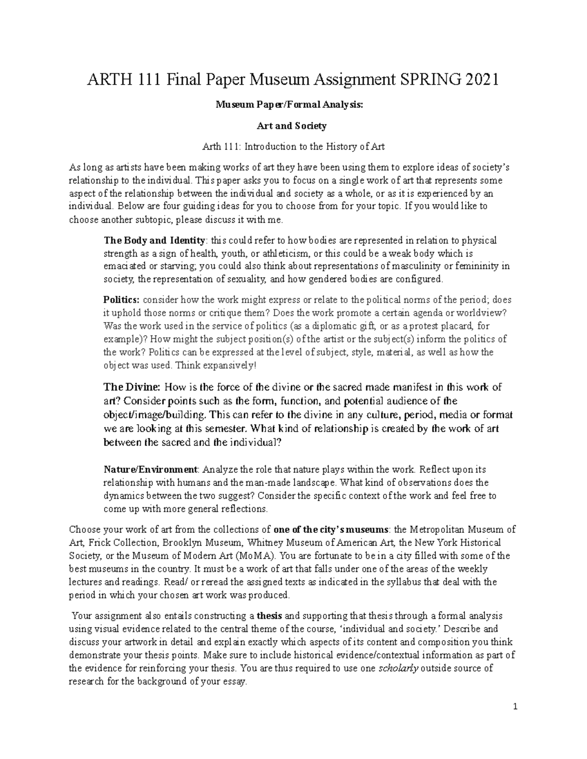 Final Essay Form ARTH 111 Final Paper Museum Assignment SPRING 2021