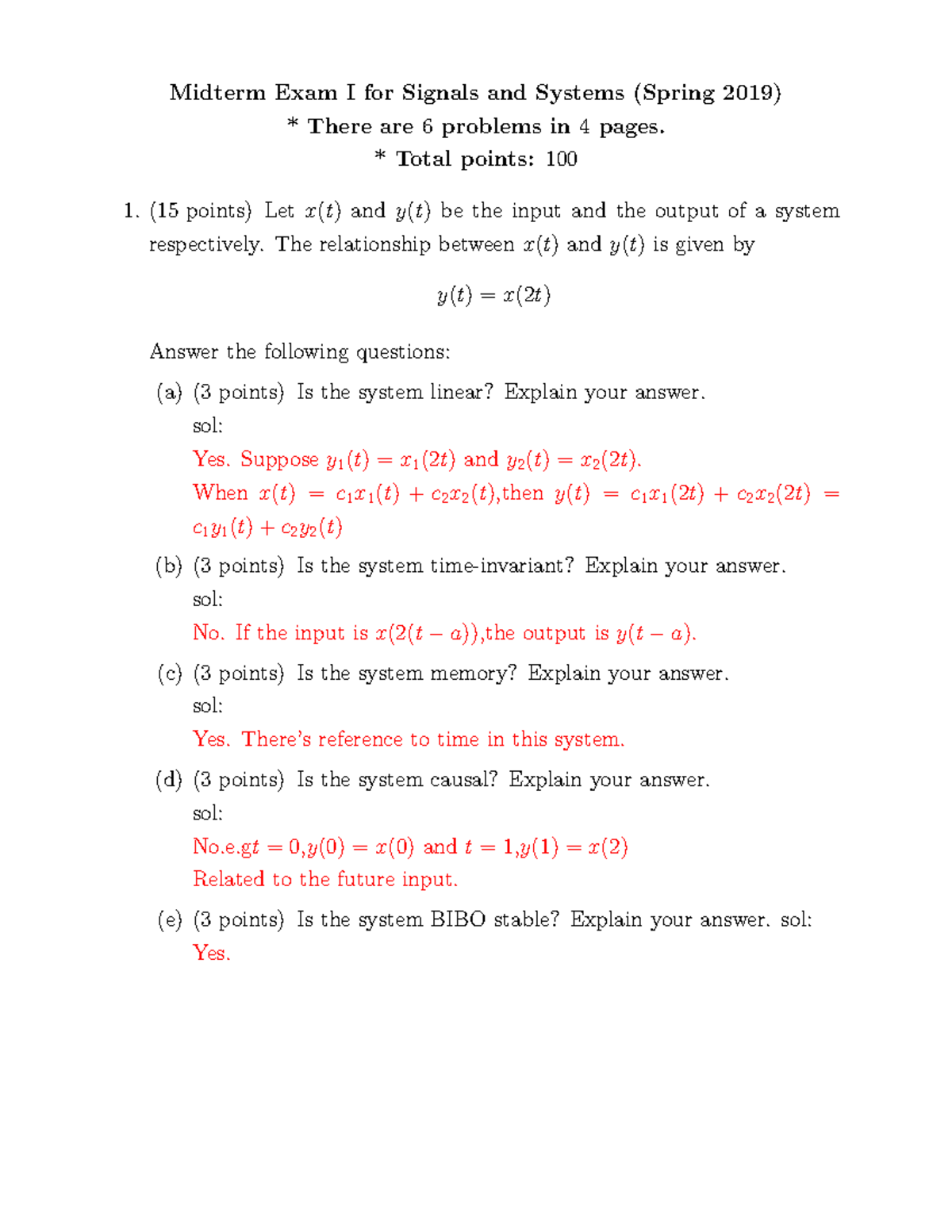 2019 first midterm Midterm Exam I for Signals and Systems (Spring