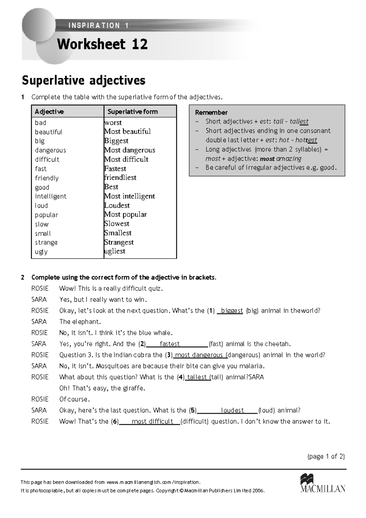 Superlatives 1 (R) - Remember – Short adjectives + est: tall – tallest ...