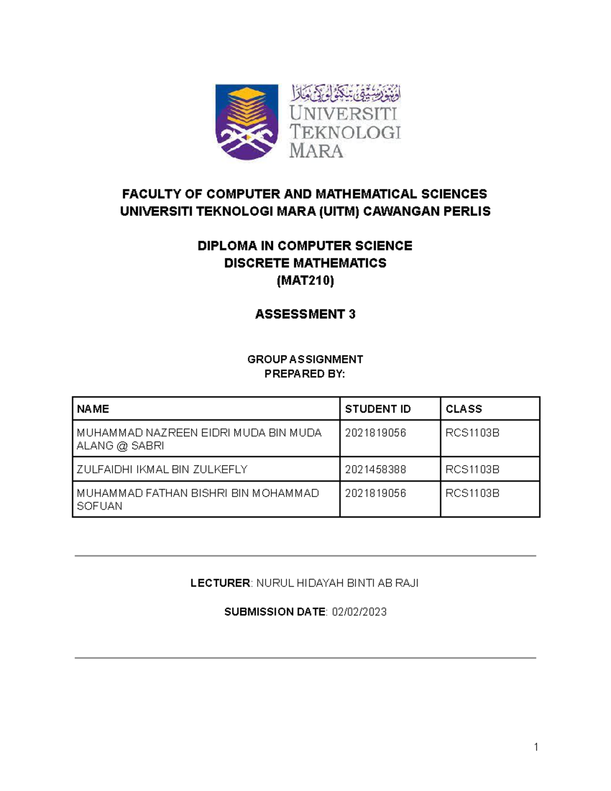 Assessment 3 (mat210) - Project Report - Faculty Of Computer And 