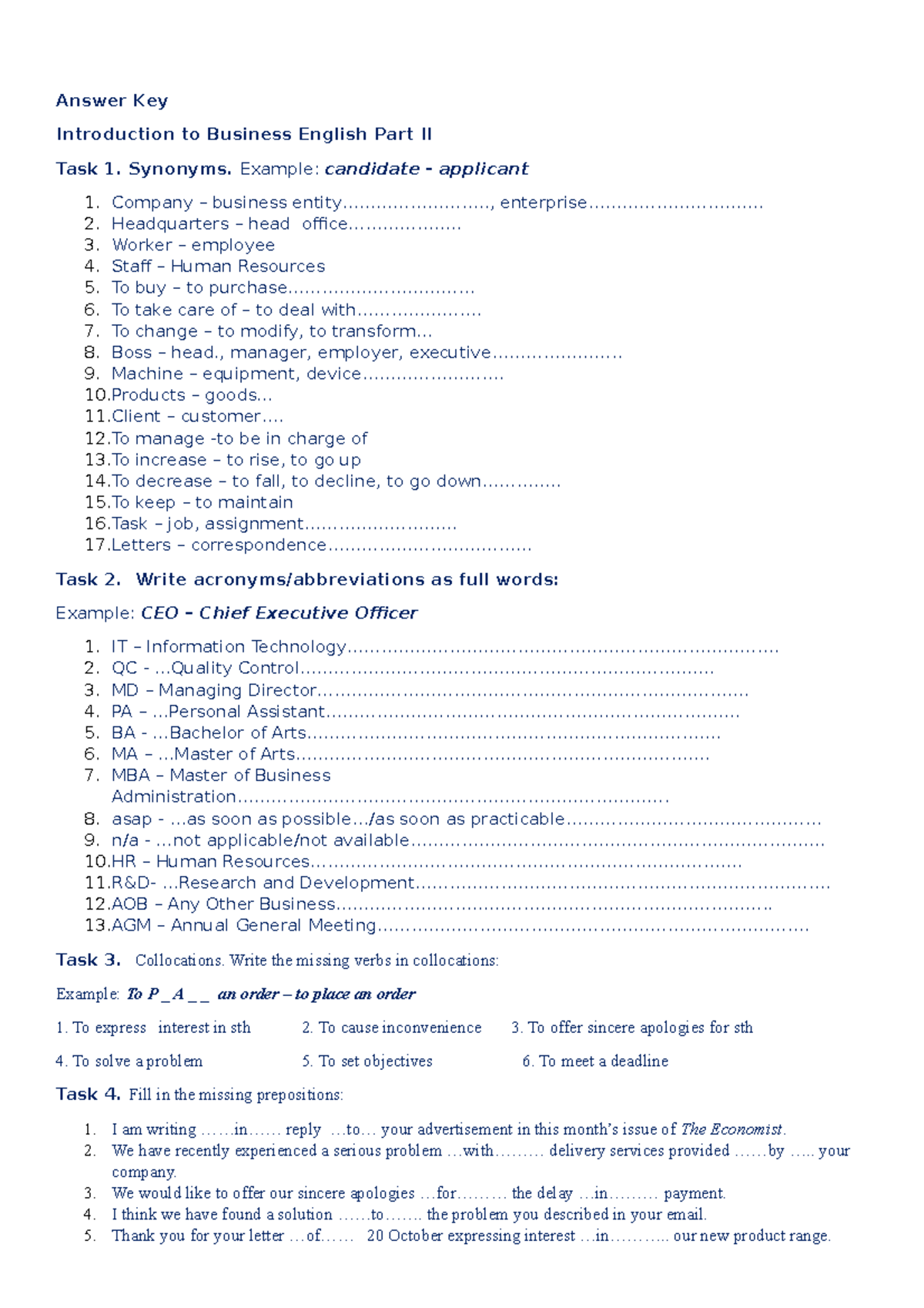 Answer KEY LSP Revision of Business Vocabulary - Answer Key Introduction to Business English ...