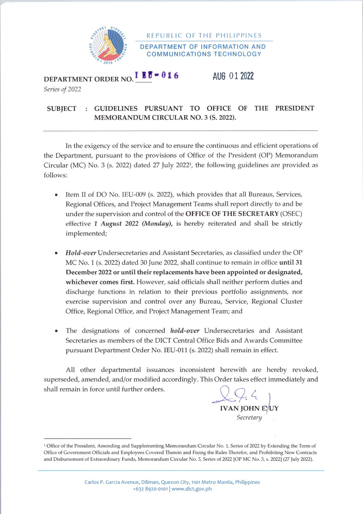 Guidelines Pursuant to Office of the President Memorandum Circular No