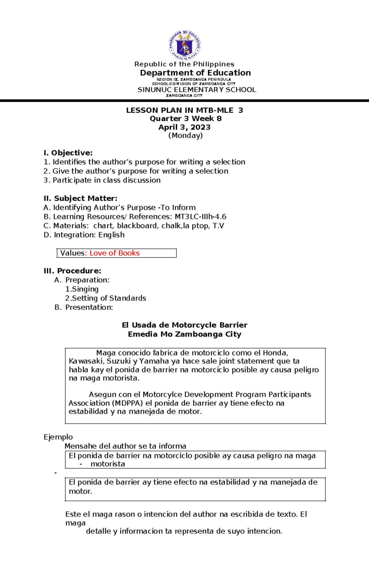 MTB 3 Q3 WEEK 8 - Lesson plan - Republic of the Philippines Department ...