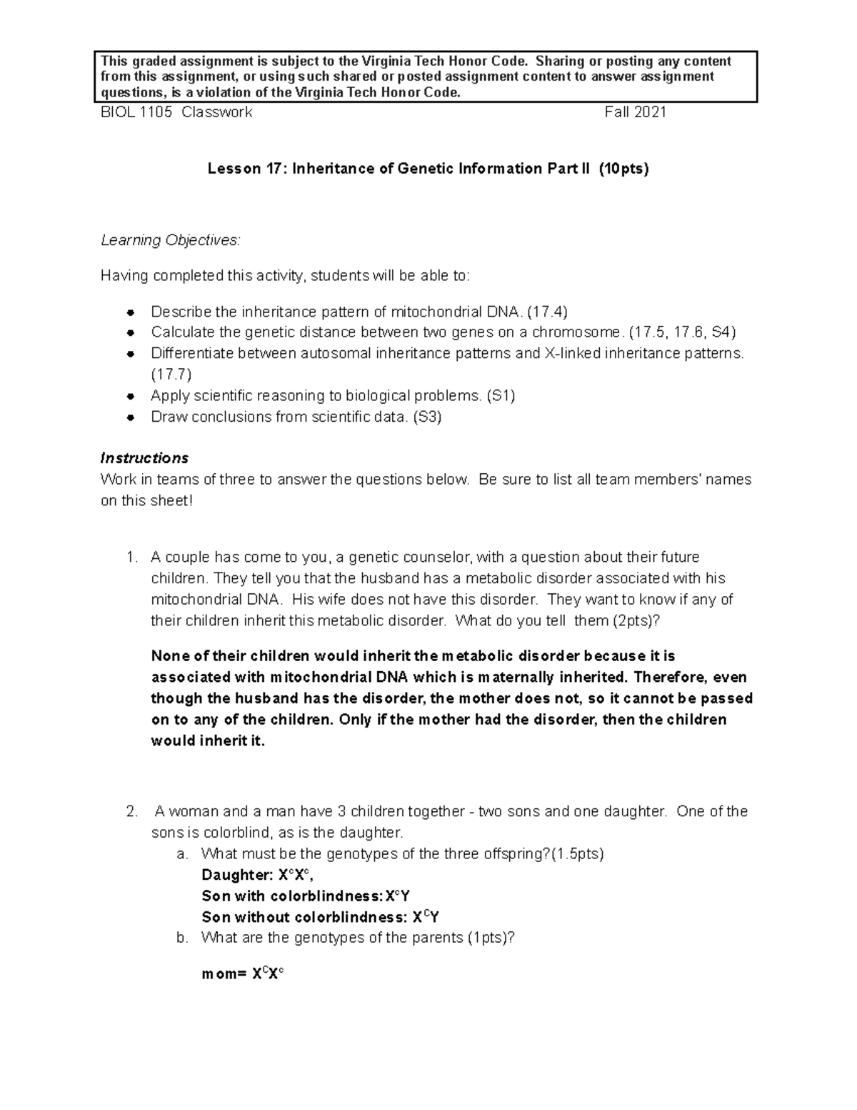 Activity 17 Inheritance of Genetic Information Part II - This graded ...