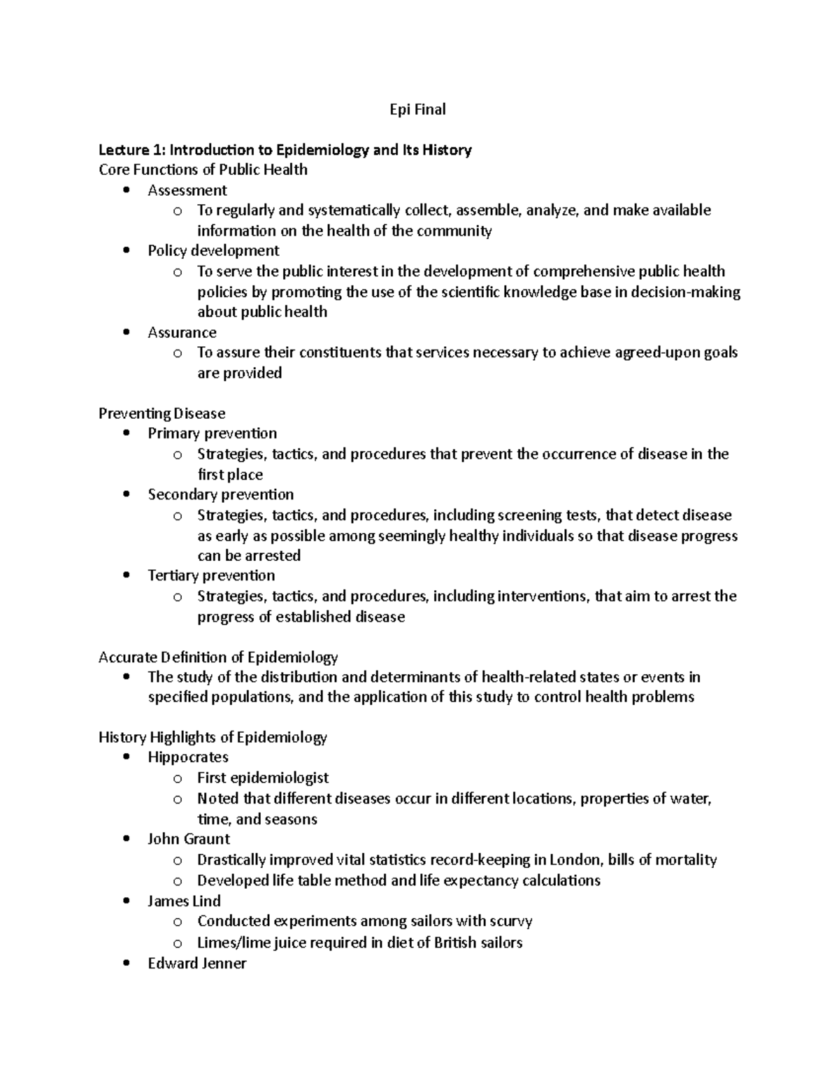 Epi Final - notes - Epi Final Lecture 1: Introduction to Epidemiology ...