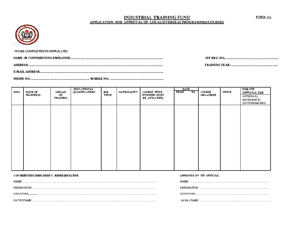 ITF FORM 4A - Siwes - . (TO BE COMPLETED IN DUPLICATE) NAME OF ...