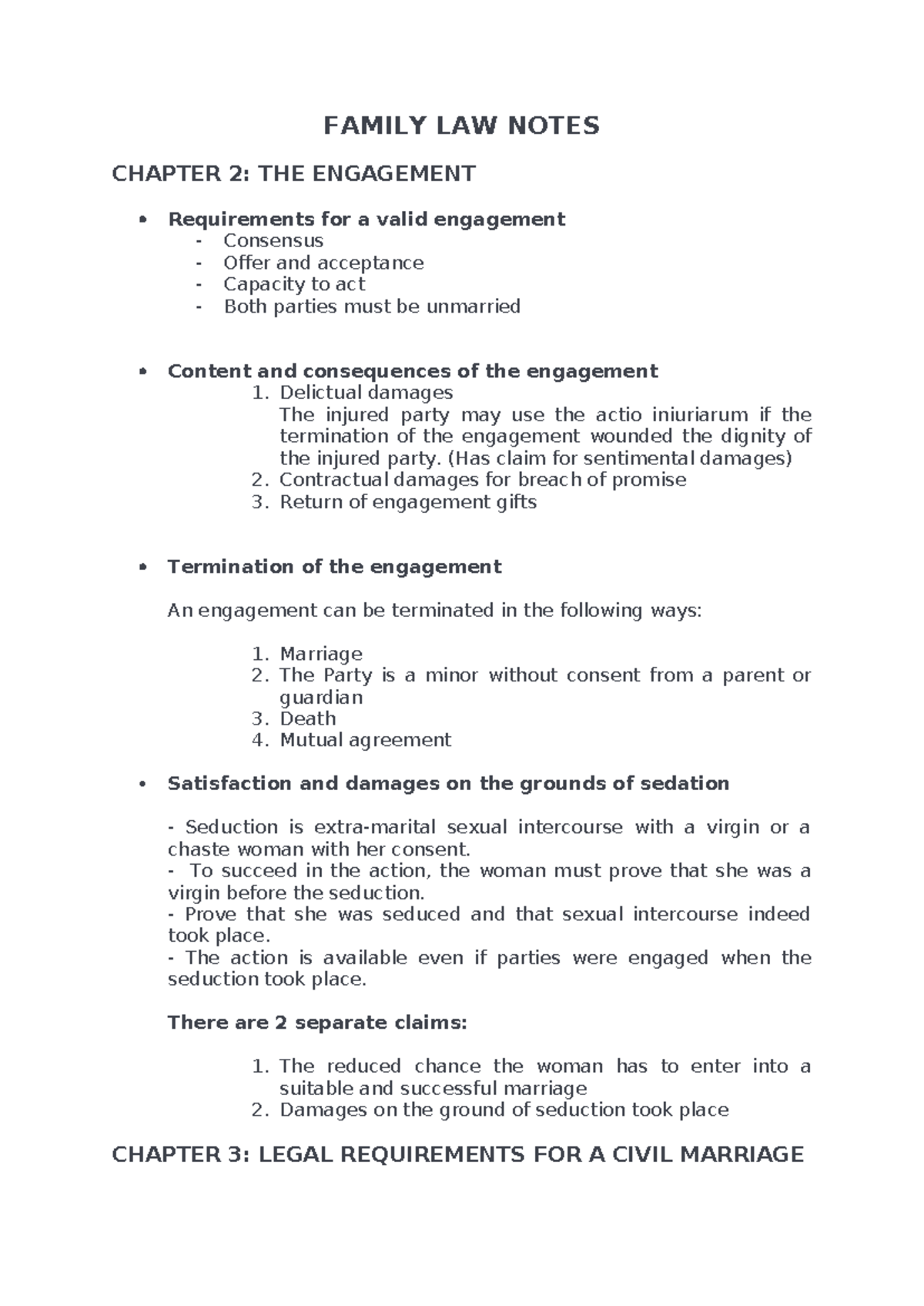Family LAW Notes - FAMILY LAW NOTES CHAPTER 2: THE ENGAGEMENT ...