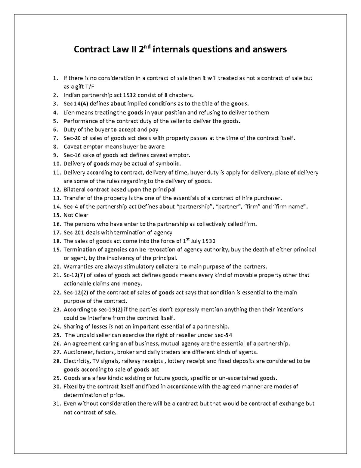Contract Law 2nd Internal Important Questiones - Contract Law II 2 nd ...