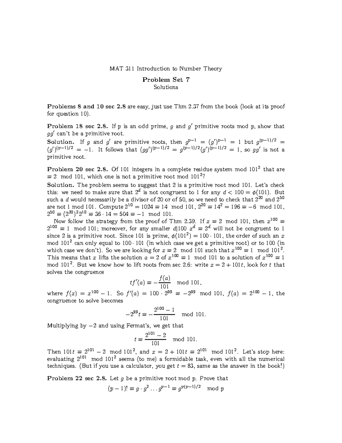 Mat311soln7 - Solution For Other Homework - MAT 311 Introduction To ...