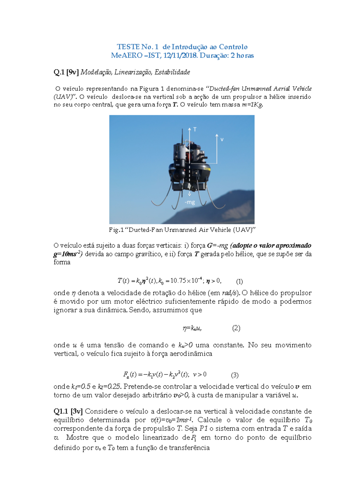 1º Teste 201819 Teste No 1 De Introdução Ao Controlo Meaero Ist 12112018 Duração 2 3067