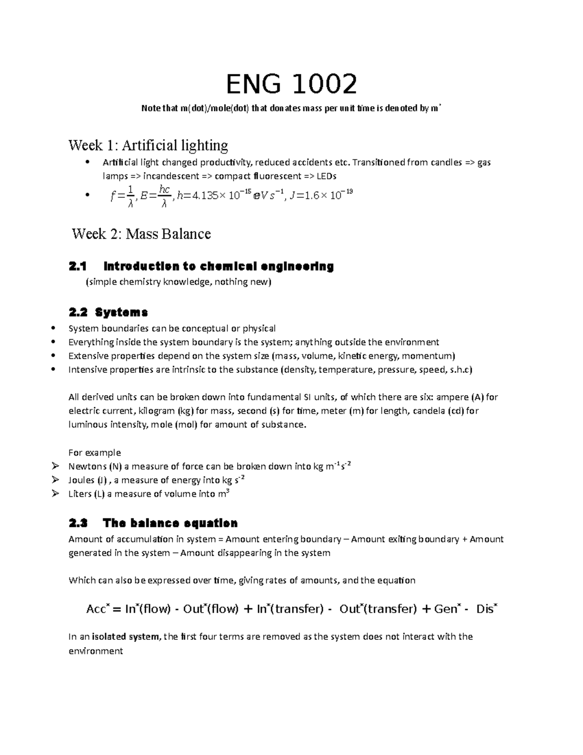 ENG 1002 Master Sheet - ENG 1002 Note that m(dot)/mole(dot) that ...
