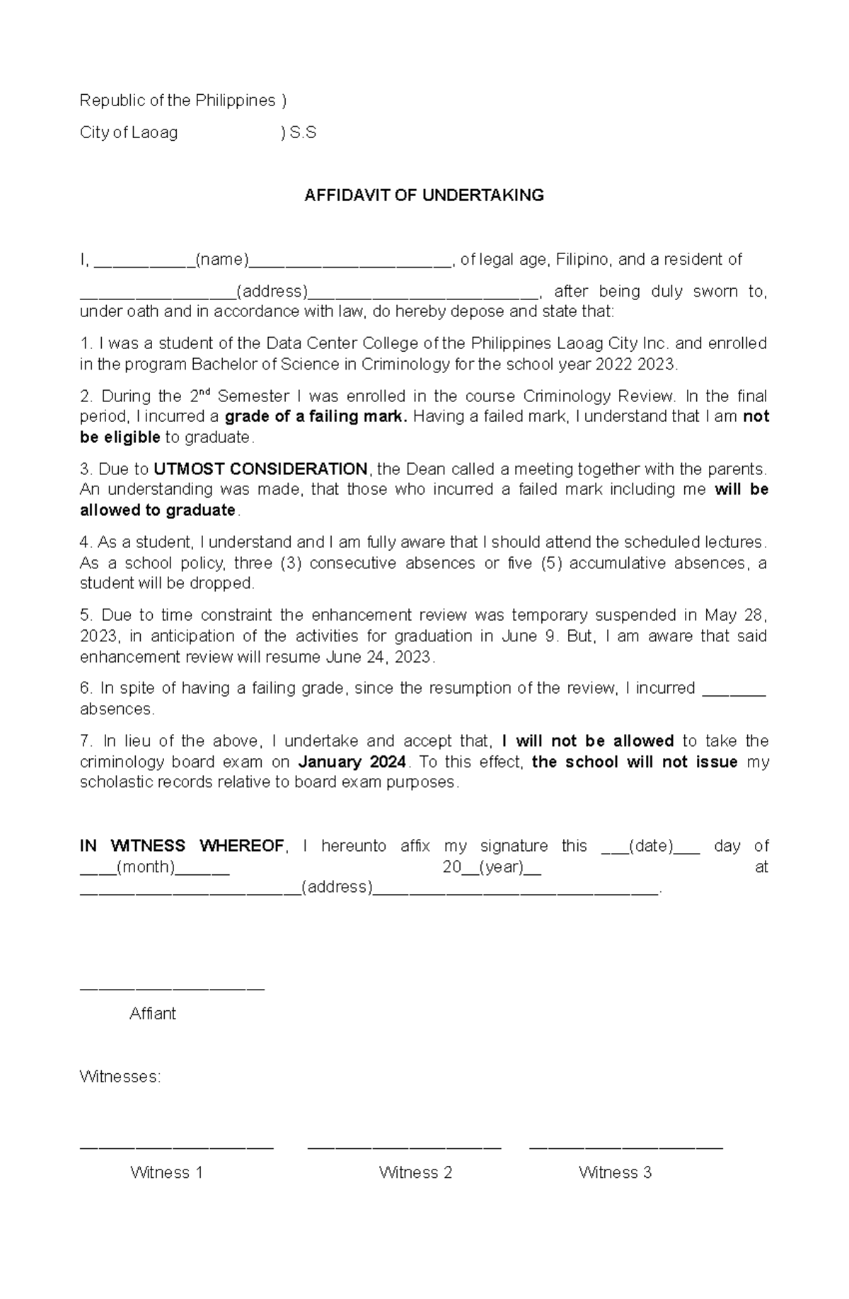 Cond Absent - Republic of the Philippines ) City of Laoag ) S AFFIDAVIT ...