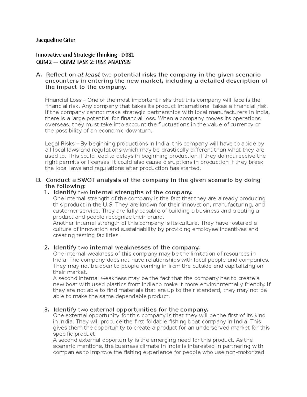 TASK 2- RISK Analysis - Innovative and Strategic Thinking - D081 Task 2 ...