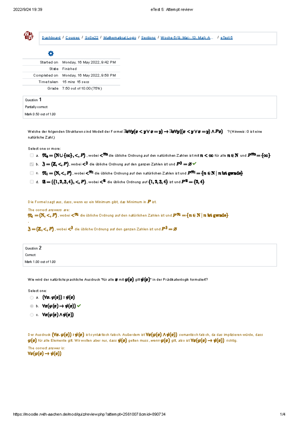 E Test 5 Attempt review E Test Dashboard / Courses / SoSe22