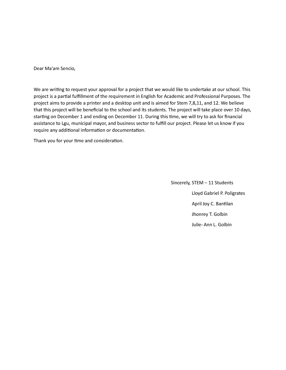 Letter for concept paper pdf - Dear Ma'am Sencio, We are writing to ...