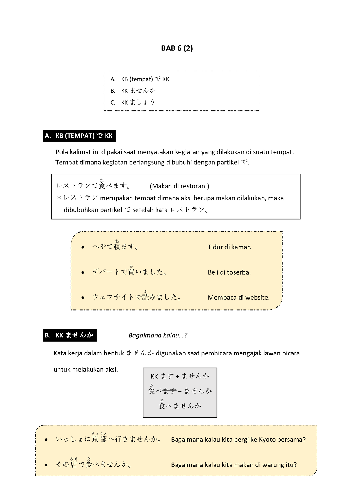 Minna No Nihongo - BAB 6 (2) - BAB 6 (2) A. KB (TEMPAT) で KK Pola ...