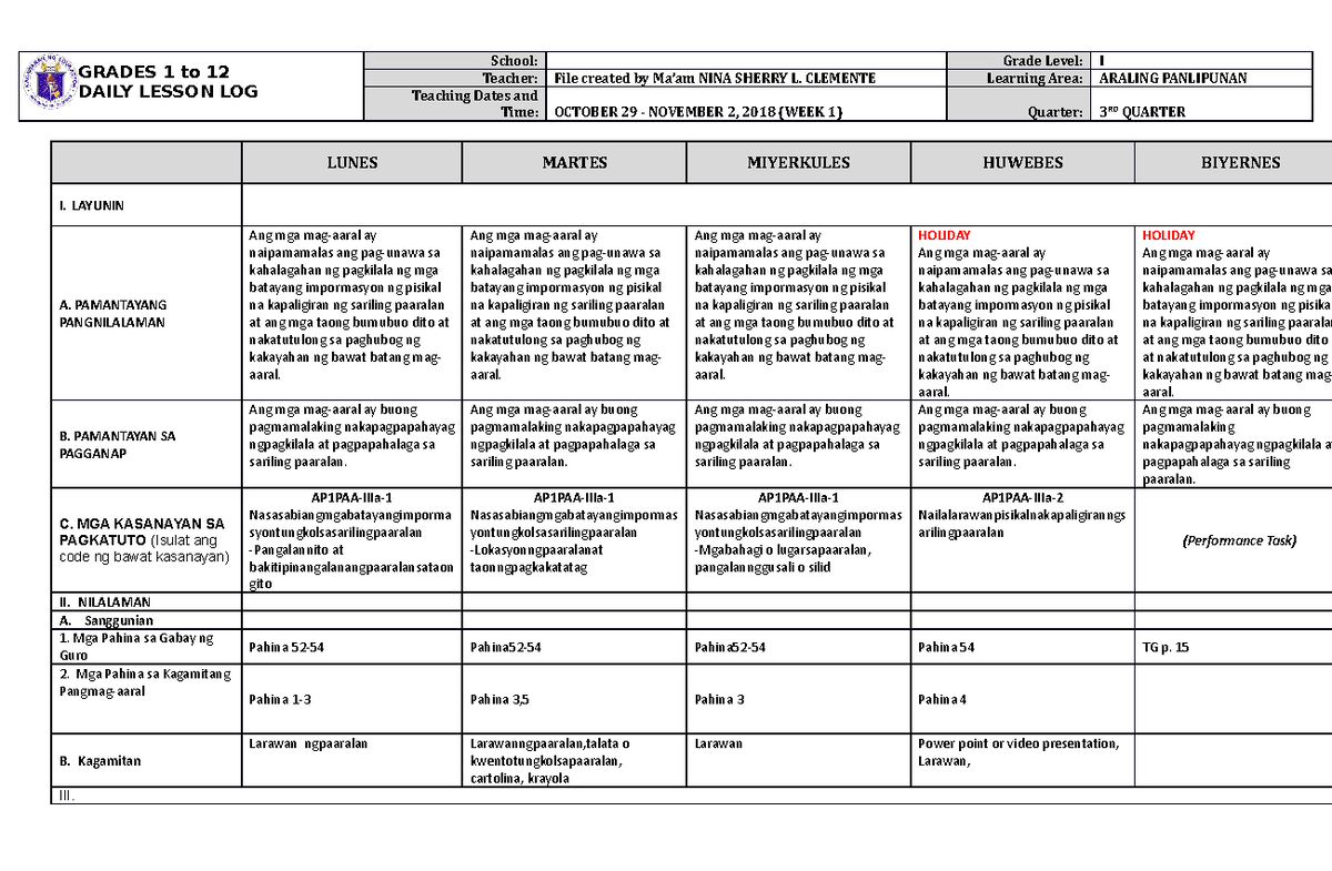 DLL Araling Panlipunan 1 Q3 W1 - GRADES 1 to 12 DAILY LESSON LOG School ...