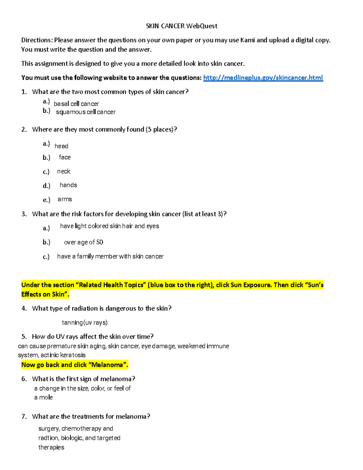 Kami Export - Skin Cancer webquest - SKIN CANCER WebQuest Directions ...