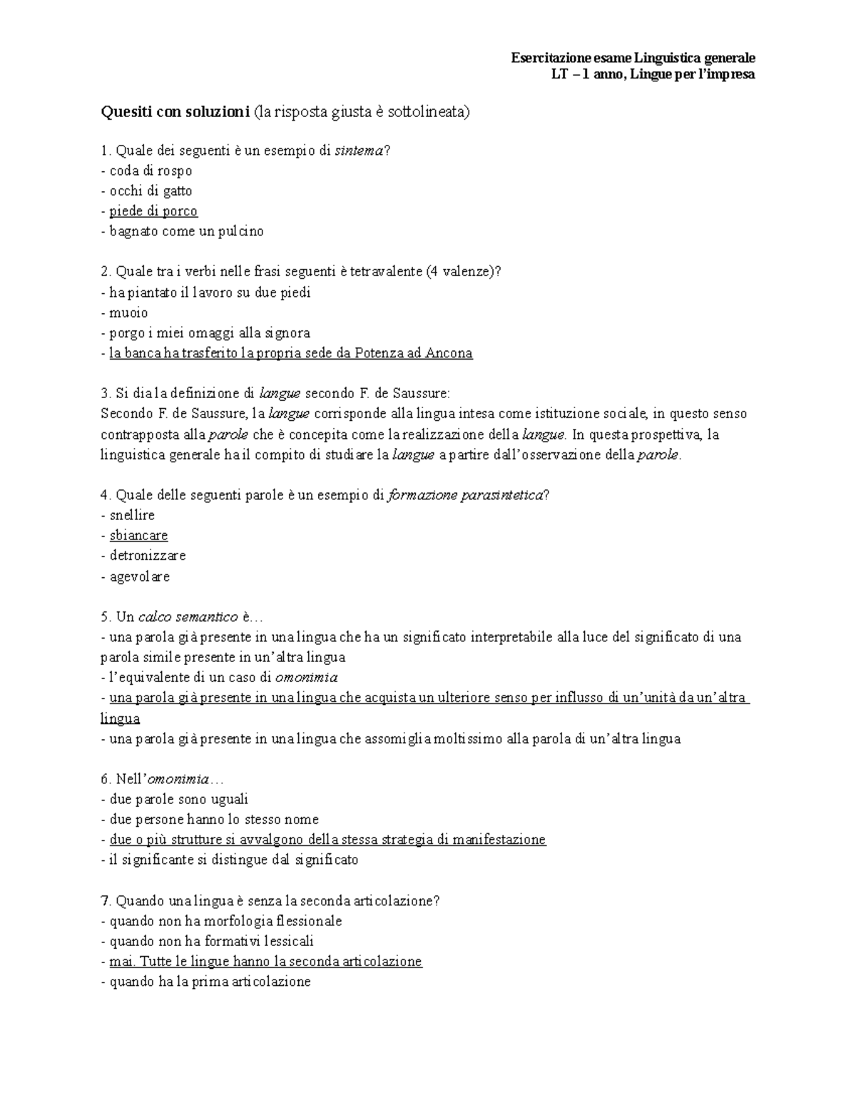 Esercitazione Linguistica CON Soluzioni LT 1 anno, Lingue per l’impresa Quesiti con Esercitazione Linguistica CON Soluzioni LT 1 anno, Lingue per l’impresa Quesiti con
