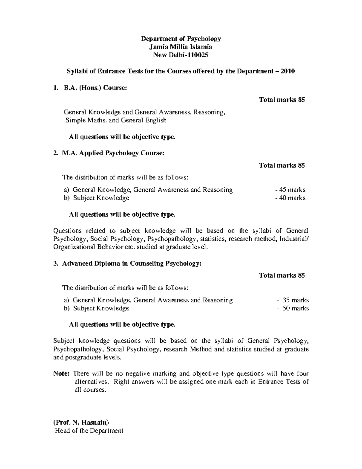 Ets Syllabus for entrance Department of Psychology Jamia Millia