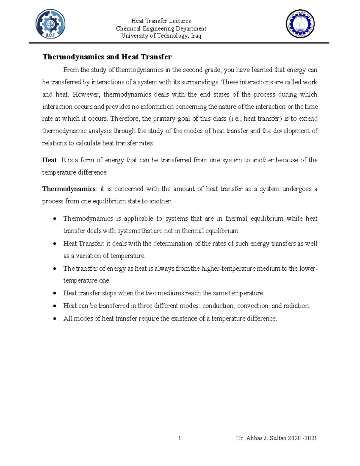 Thermodynamics and Heat Transfer 1 - Chemical Engineering Department ...