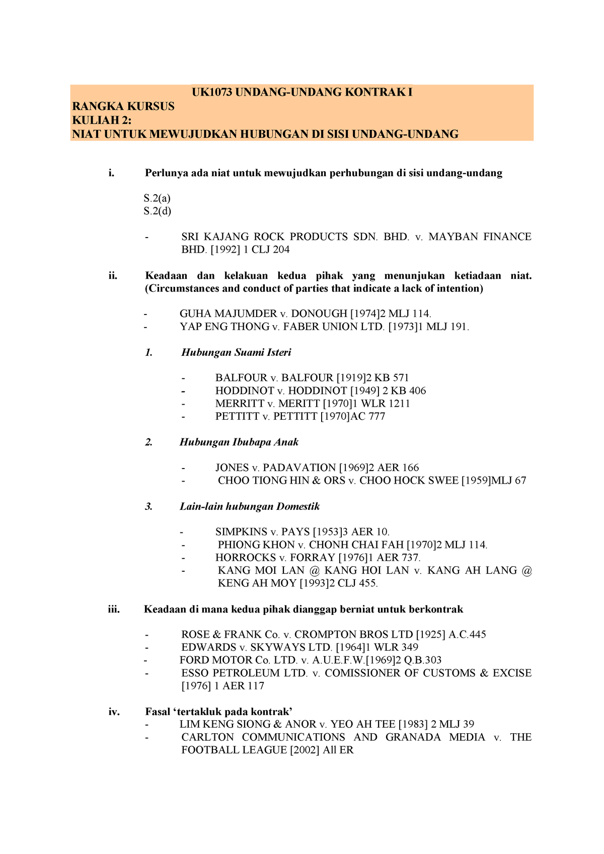 Kuliah 2 Contract Law - Lecture Notes 2 - UK1073 UNDANG-UNDANG KONTRAK ...