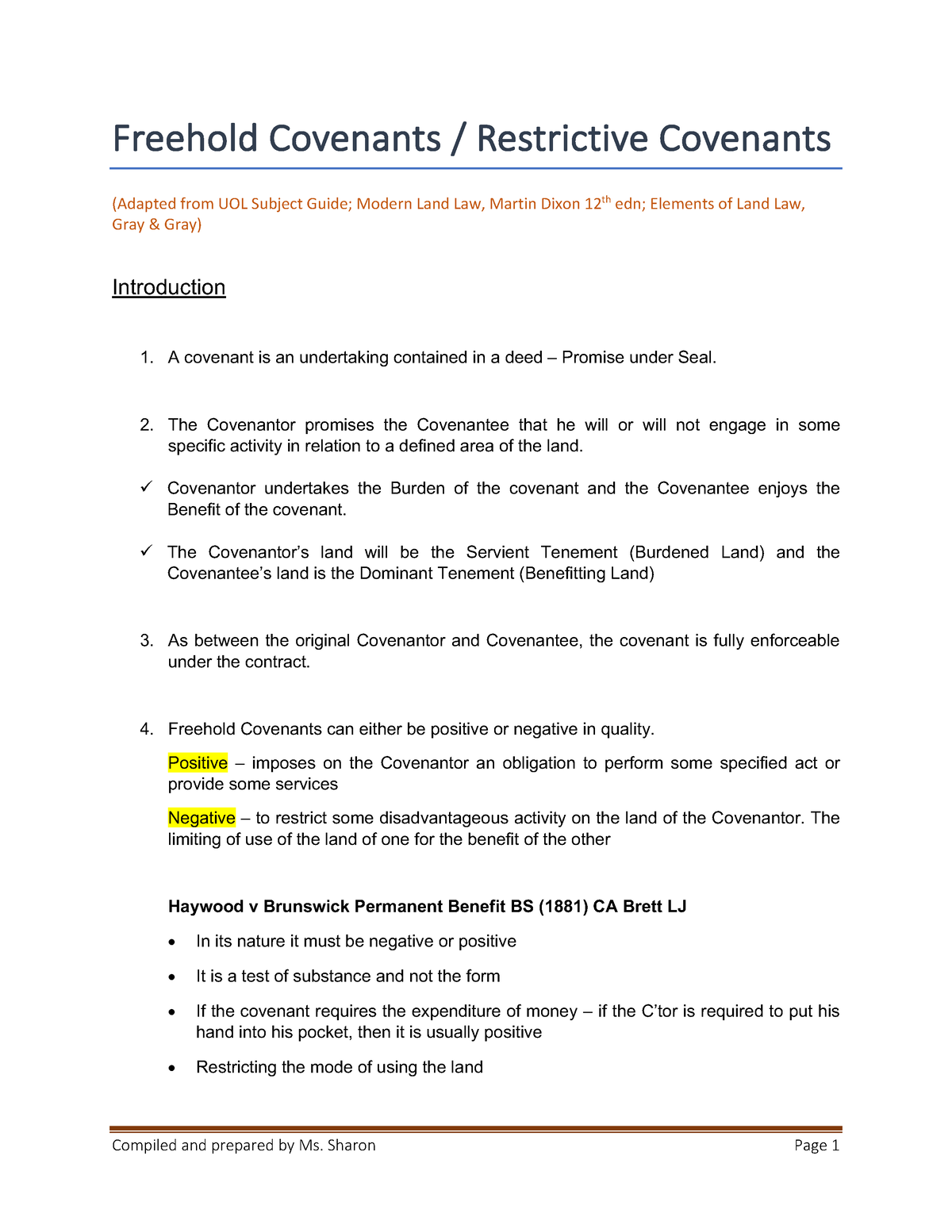 Property Land Law - Freehold Covenants-SC(12) - Freehold Covenants ...