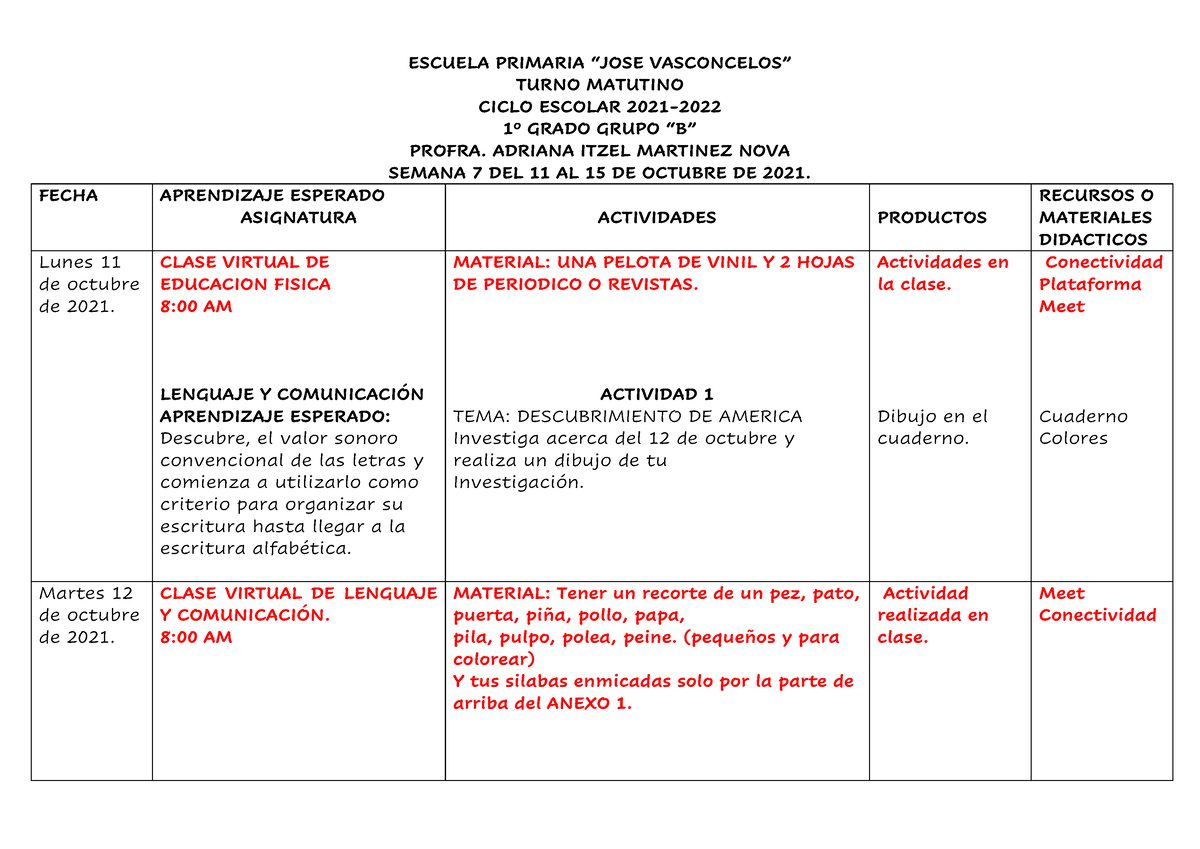 7 Semana Jose Vasconcelos 1 Grado Escuela Primaria 8187