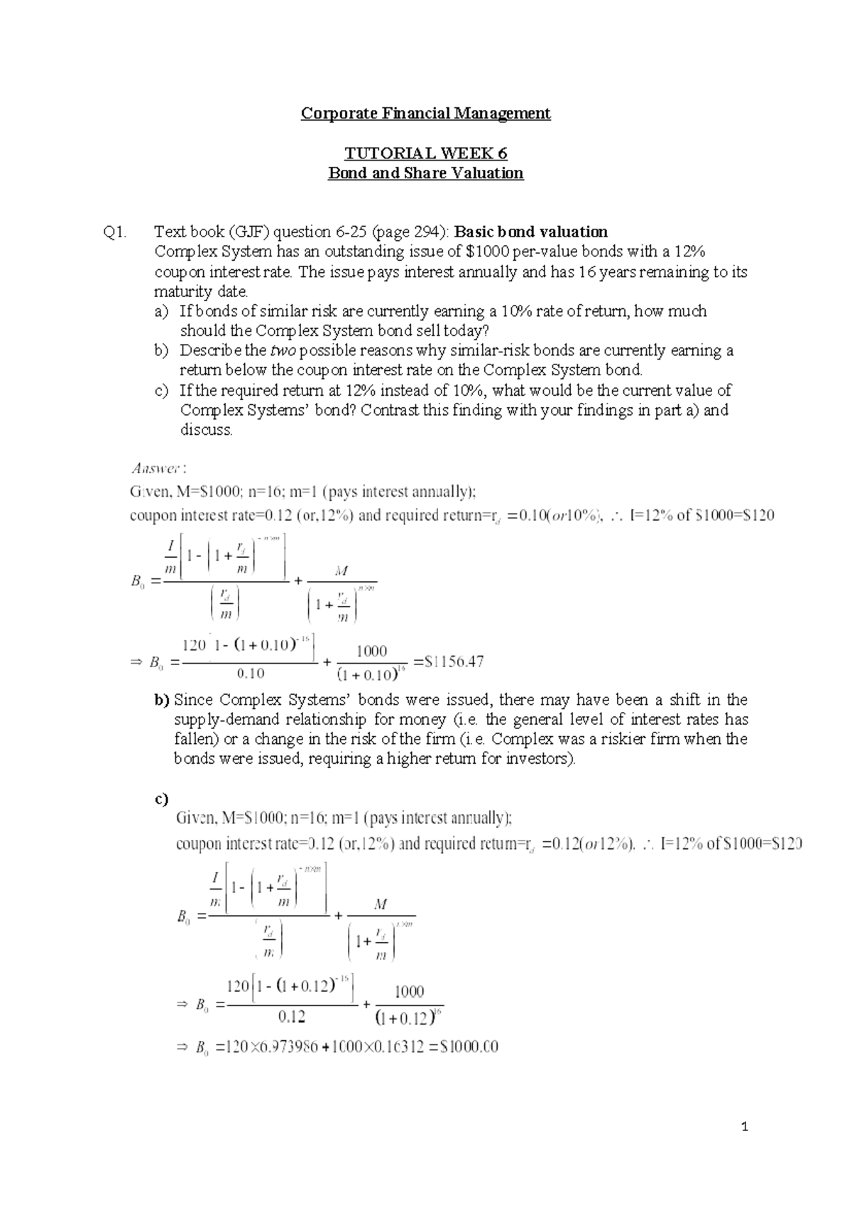 Answers for workshop 6 - answer - Corporate Financial Management ...