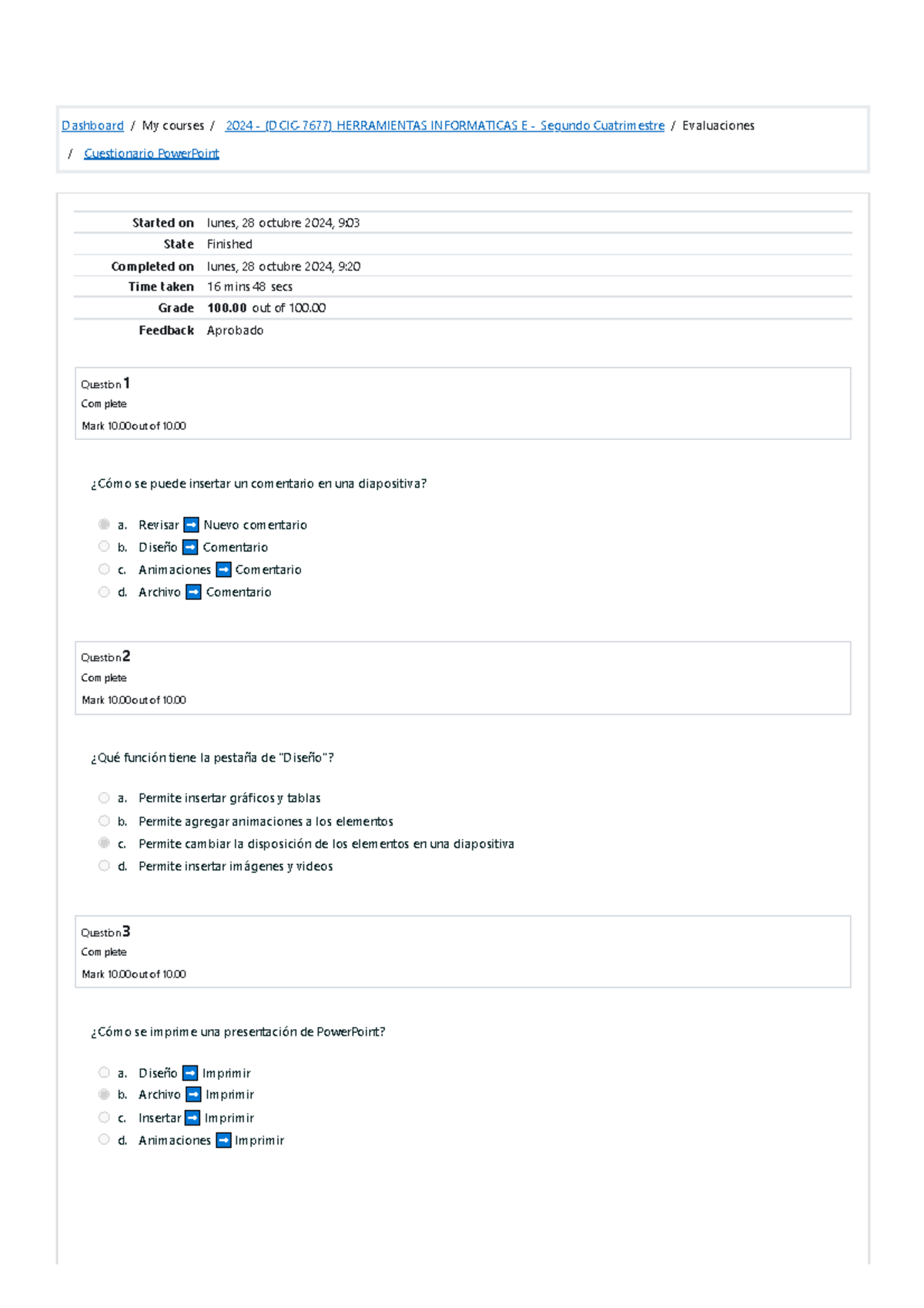 Cuestionario Power Point Attempt review - Dashboard / My courses / 2024 ...