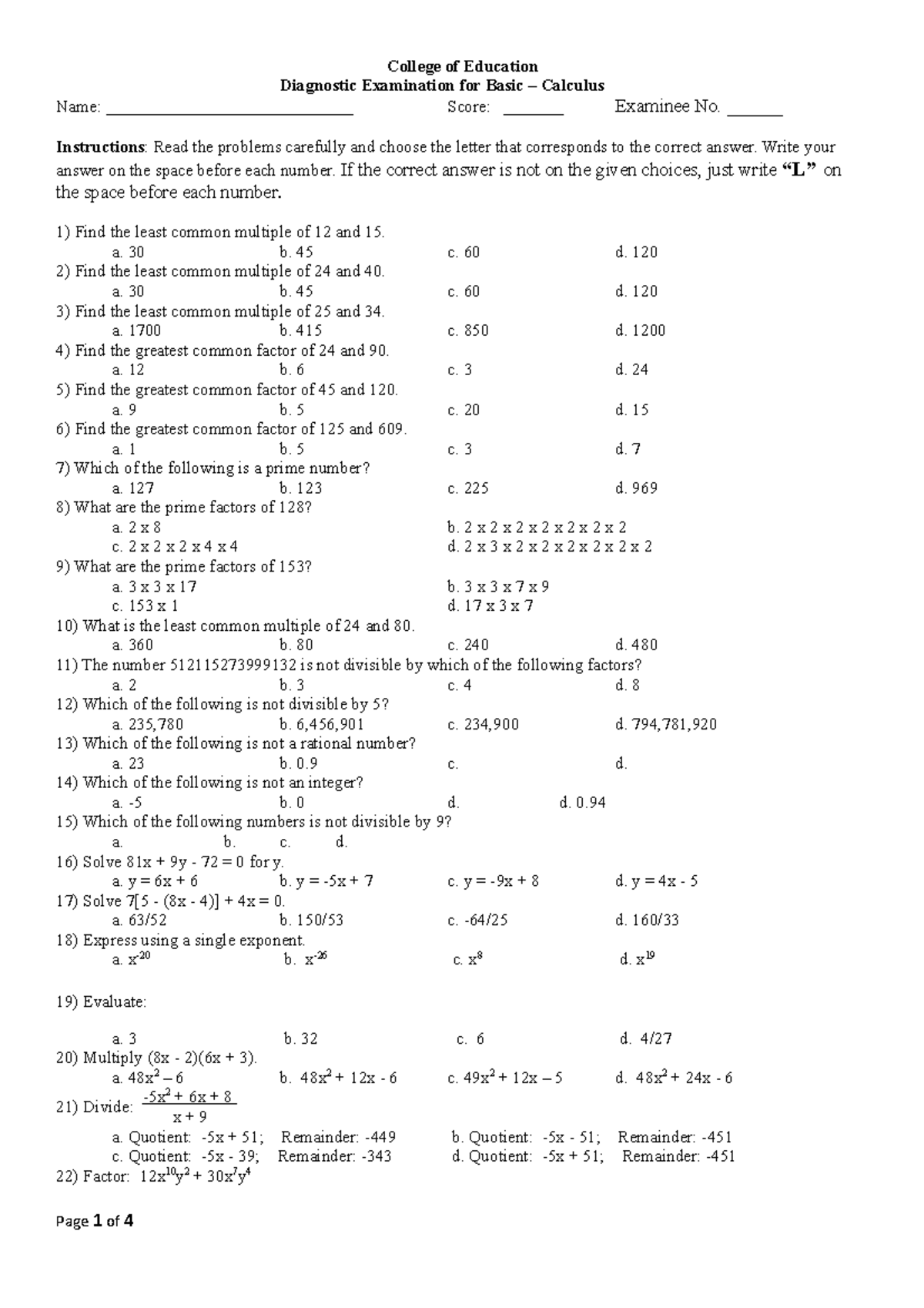 Diagnostic test in basic calc - College of Education Diagnostic ...