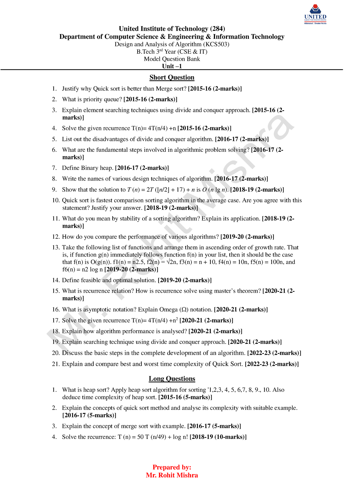 DAA Question Bank Unit 1 - Prepared by: Mr. Rohit Mishra United ...