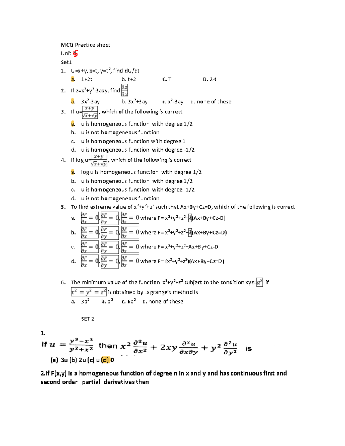 U5 6 Mcq Mth174 - Mcq Practice Sheet Unit 4 Set 1. U=x+y, X=t, Y=t 2 