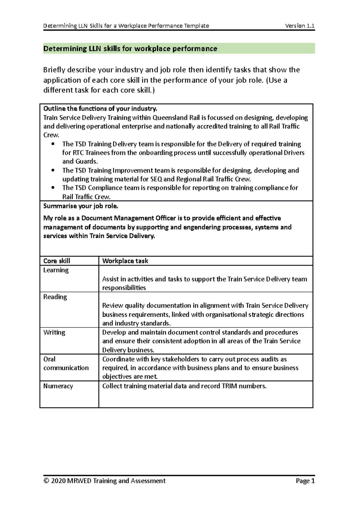 4a. Determining LLN skills for workplace performance - Determining LLN ...