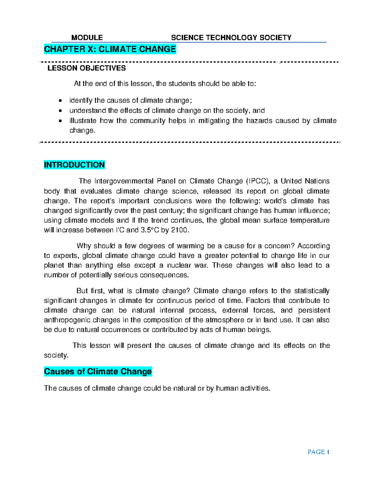 Chapter X Climate Change - CHAPTER X: CLIMATE CHANGE LESSON OBJECTIVES ...
