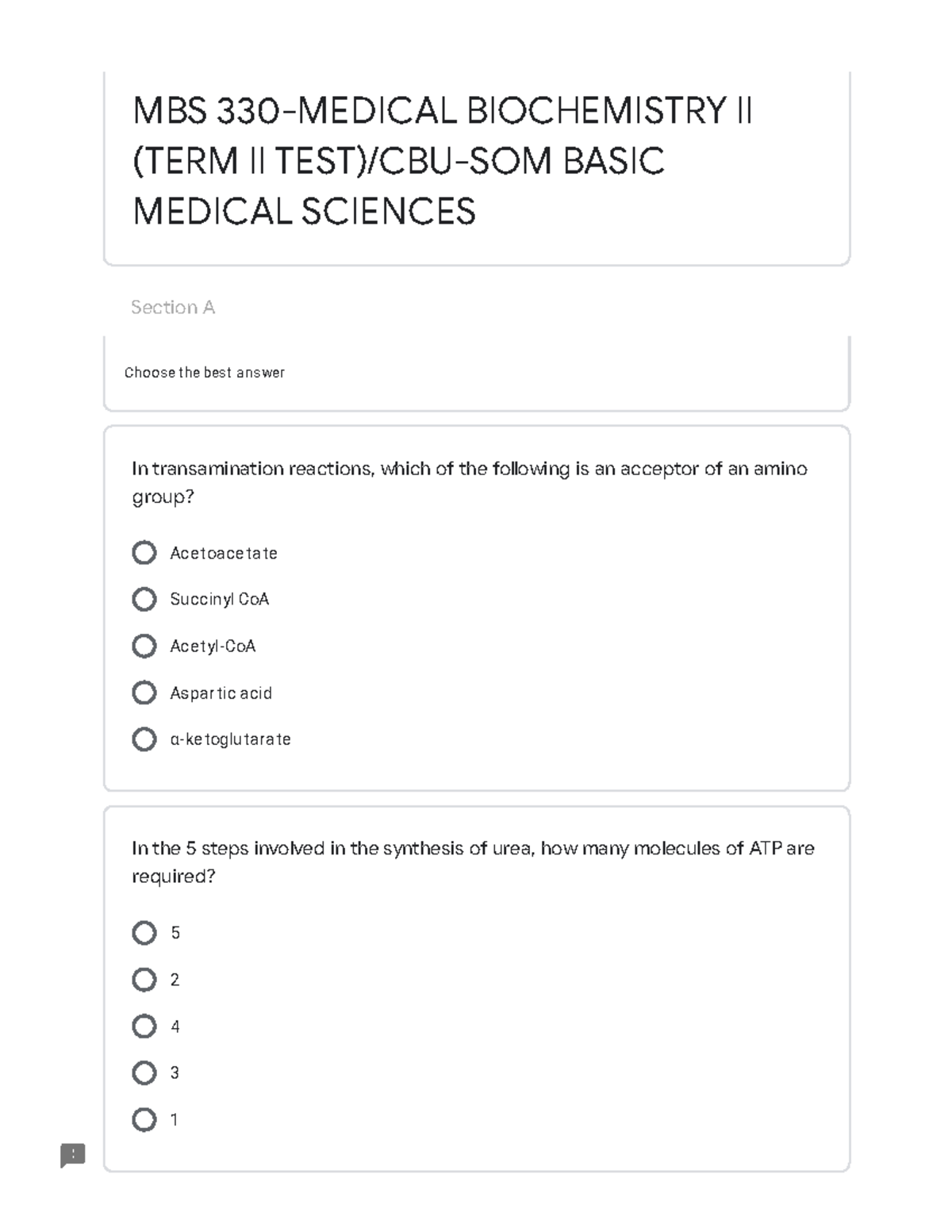 2021 Year 3 Biochemistry Test 2 Section A Choose the best answer Acet