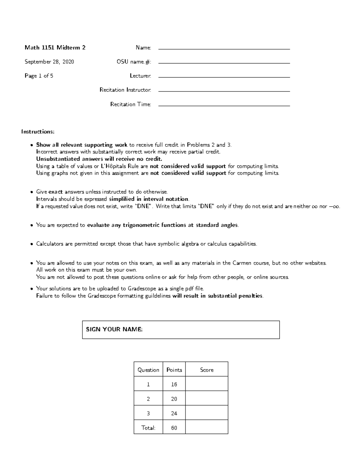 1151M2 AU20 4 - practice midterm - Math 1151 Midterm 2 Name: September ...