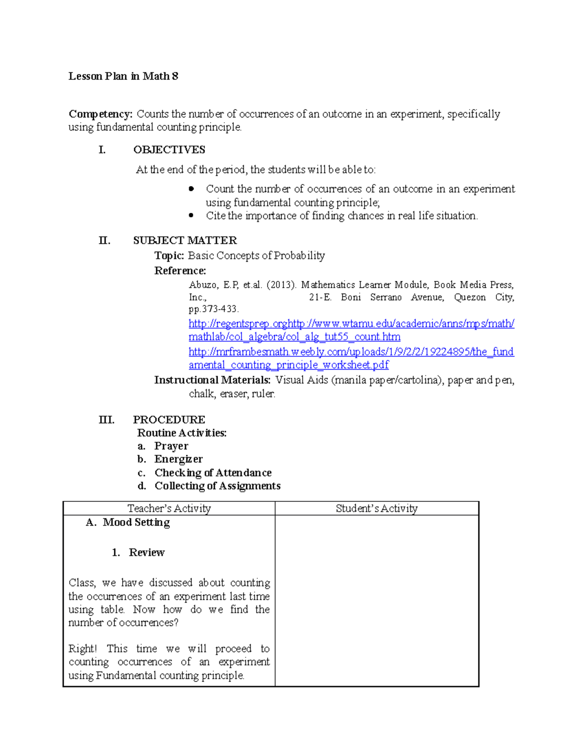 Lesson Plan in Basic Concepts of Probability Date - Lesson Plan in Math ...