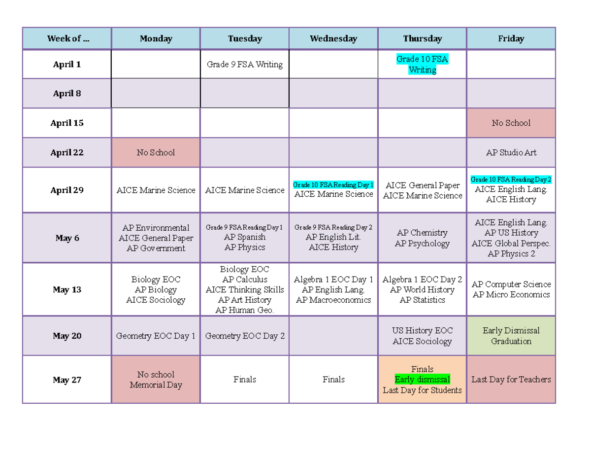 Testing Calendar (Spring 2019 ) Week of .. April 1 Grade 9 FSA