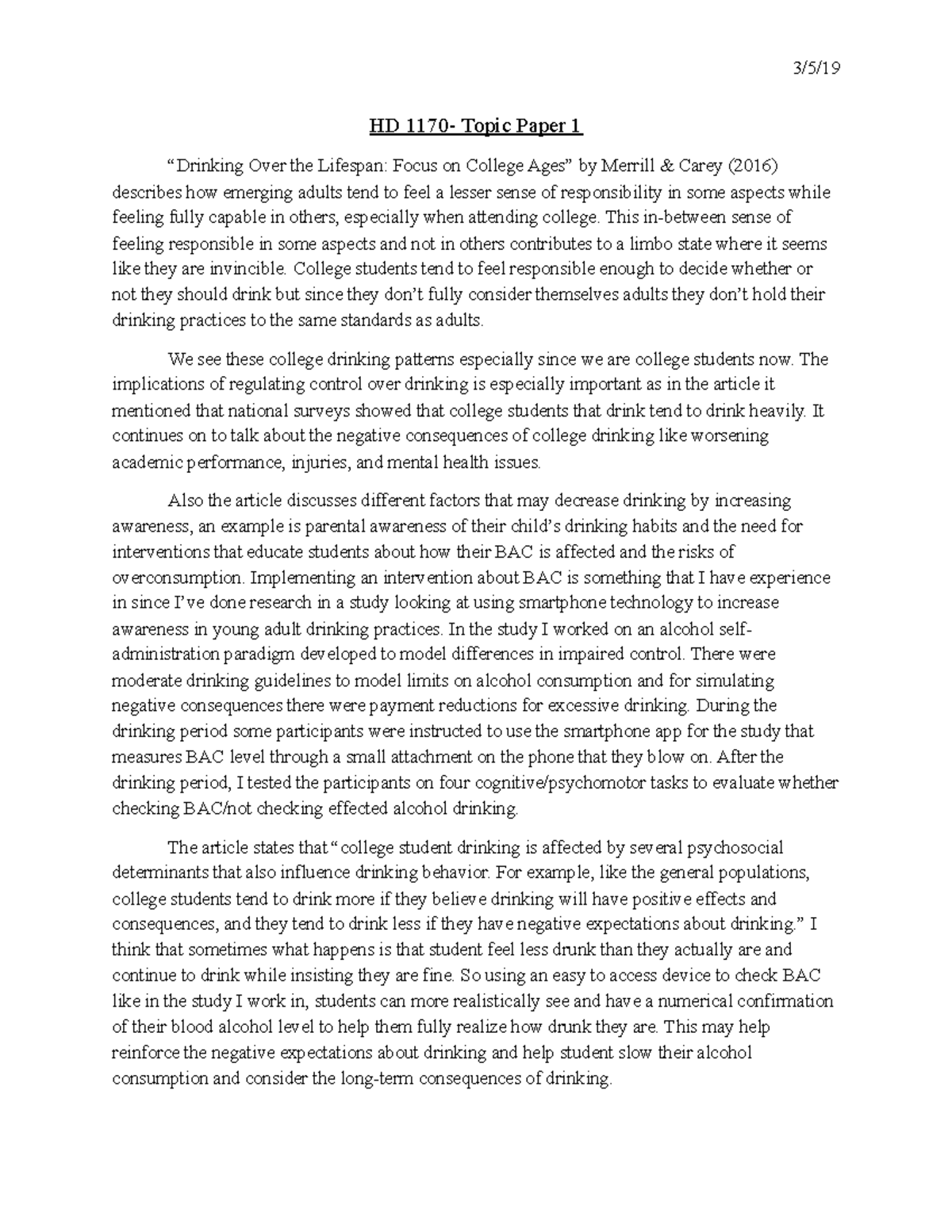 Topic Paper 1 - Grade: A+ - 3/5/ HD 1170- Topic Paper 1 “Drinking Over ...