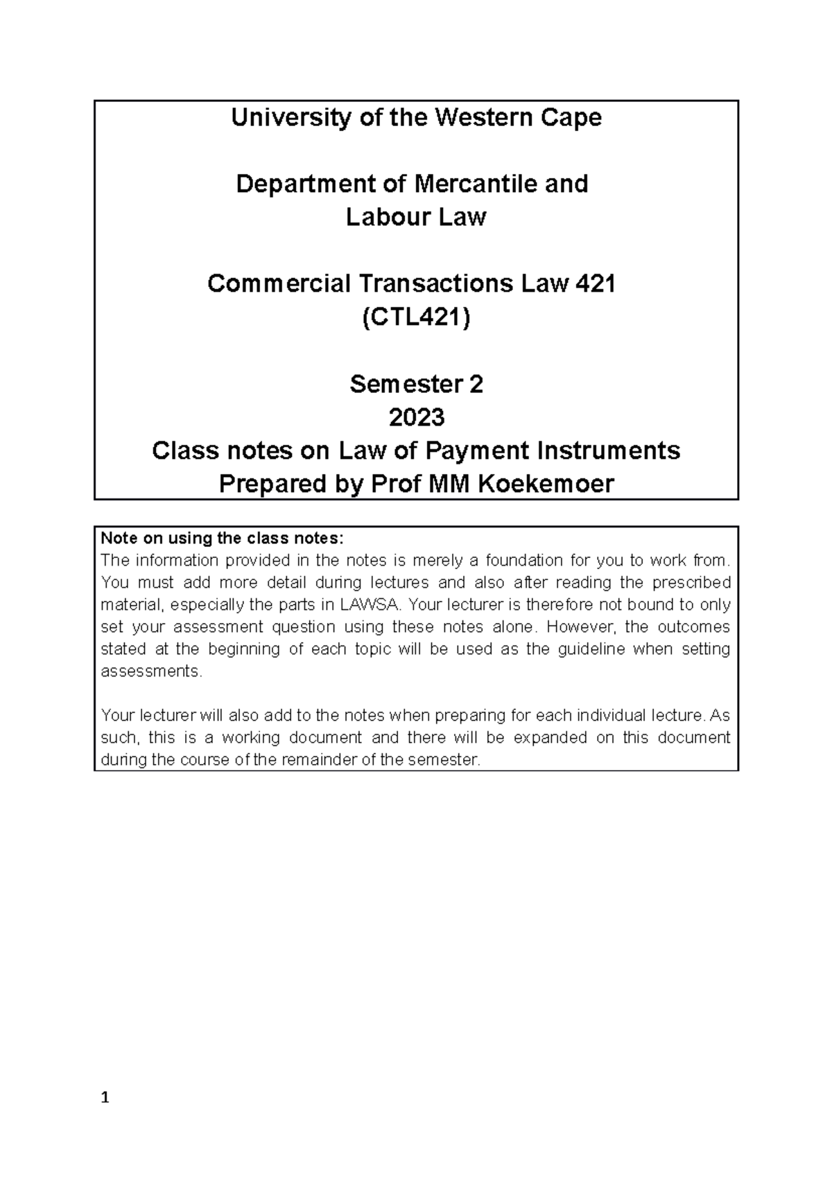 CRL421. Class+ Notes+FOR+LAW+OF+ Payment+ Instruments - University of ...