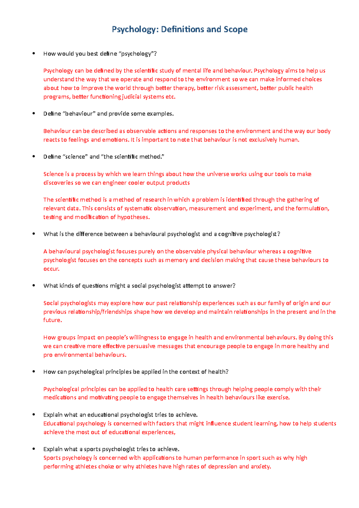 Week 1 - Definitions and Scope - Psychology: Definitions and Scope How ...