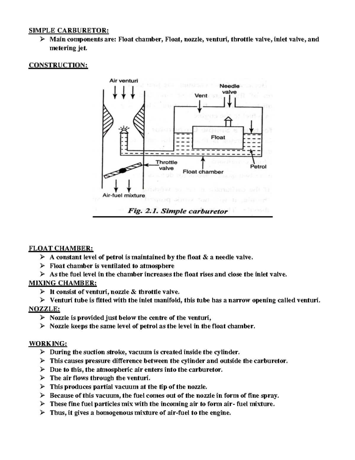 UNITII Assignment Sjus SIMPLE CARBURETOR Main components are