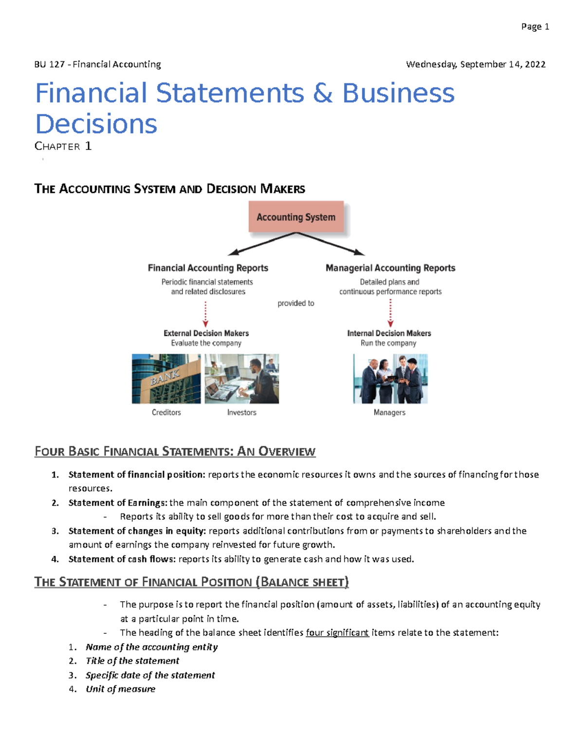 Accounting - Chapter 1 Notes - BU 127 - Financial Accounting Wednesday ...