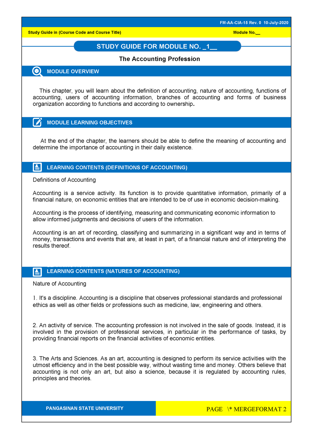 Acctg 101 SG 1 - Guide in studying Acc 101 - STUDY GUIDE FOR MODULE NO ...