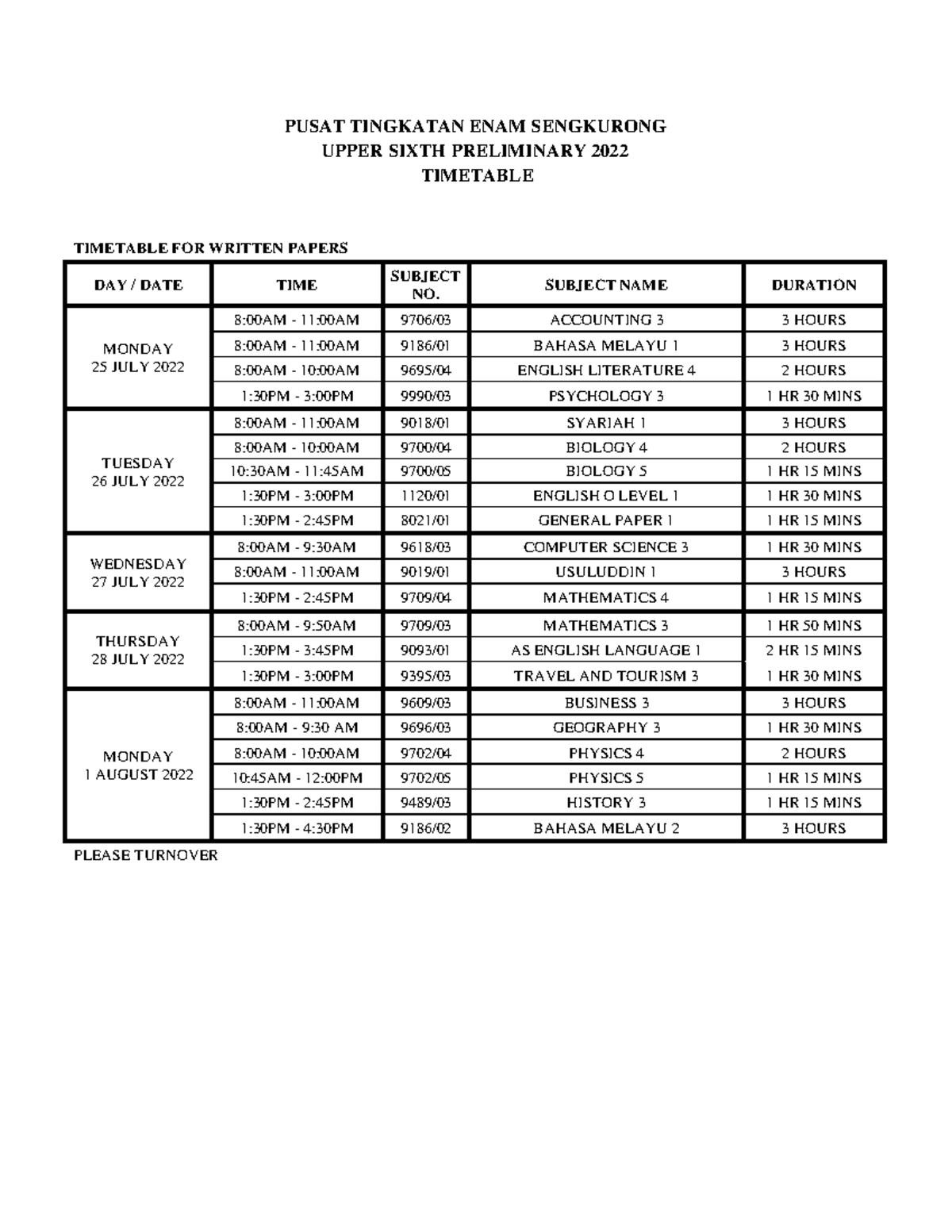 U6 Prelim Timetable 2022 - PUSAT TINGKATAN ENAM SENGKURONG UPPER SIXTH ...